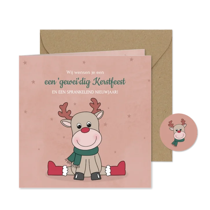 Kerstkaart met een schattig rendiertje en een woordgrapje