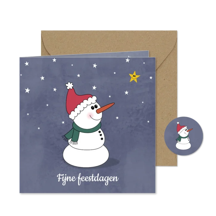 Kerstkaart met een schattige sneeuwpop en sterren