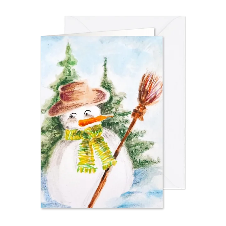 Kerstkaart met een sneeuwpop met een bezem