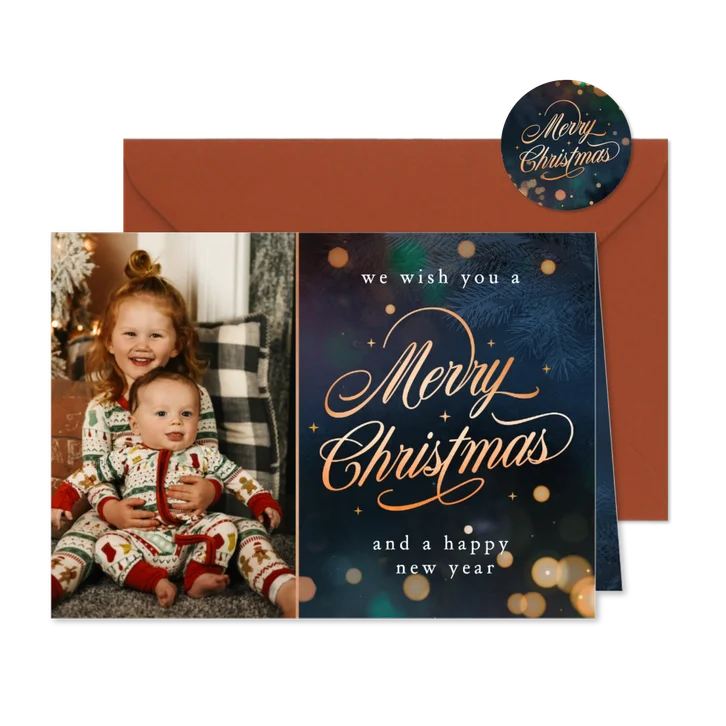 Kerstkaart met eigen foto - donkerblauw met lampjes