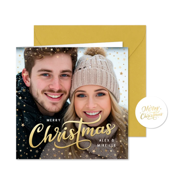 Kerstkaart met eigen foto en gouden sterretjes kader