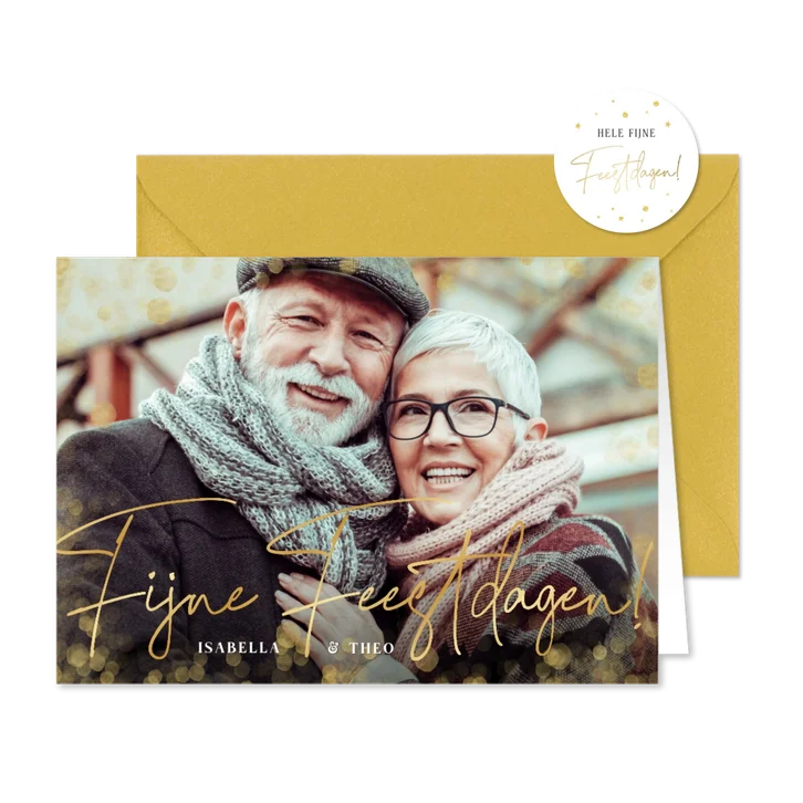 Kerstkaart met eigen foto en gouden tekst Fijne Feestdagen!