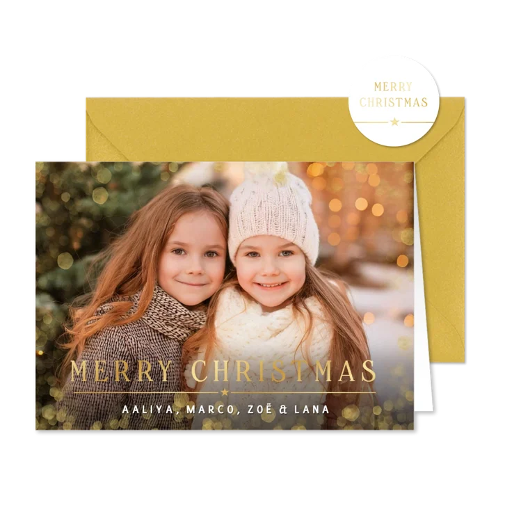 Kerstkaart met eigen foto en goudfolie merry christmas