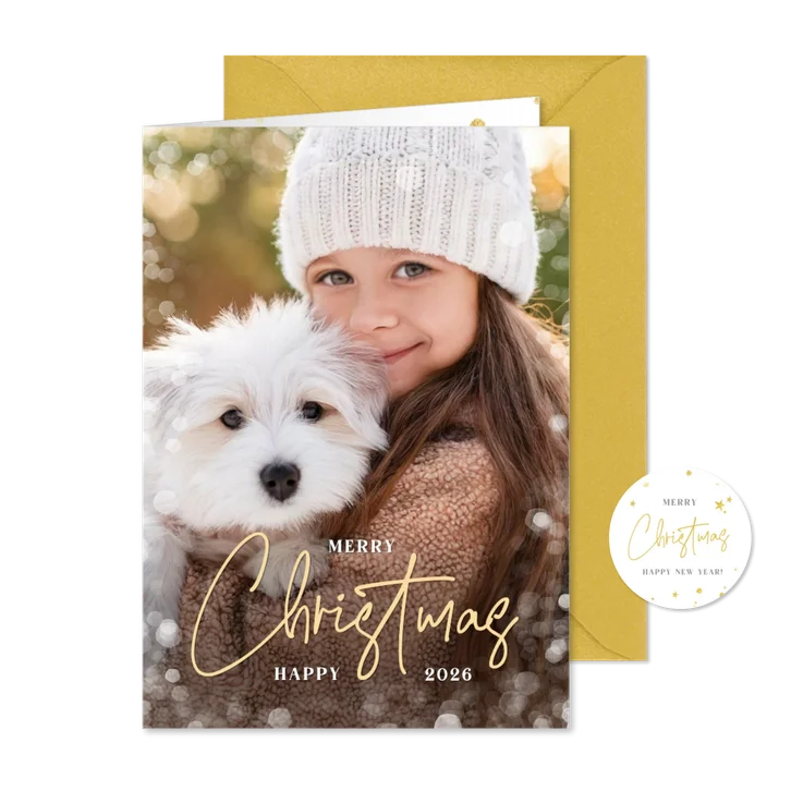 Kerstkaart met eigen grote foto, sneeuwkader en Christmas