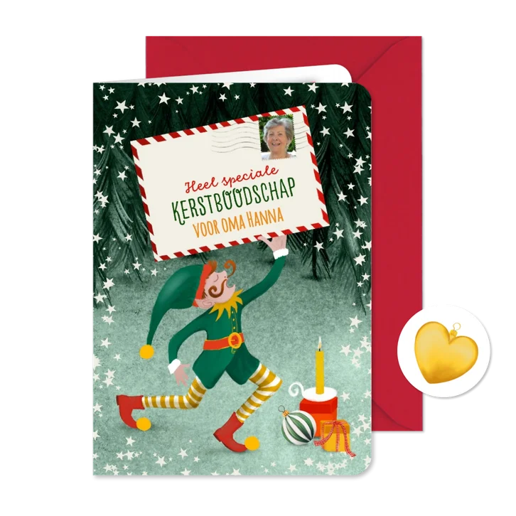 Kerstkaart met elfje, kaart en foto-postzegel