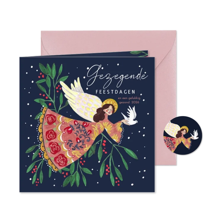 Kerstkaart met engeltje en kerstmis hulst