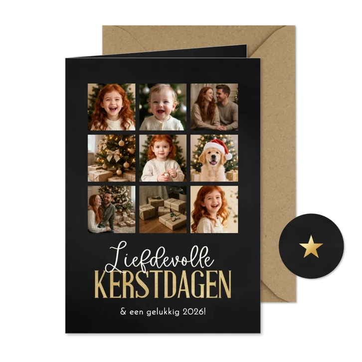 Kerstkaart met fotocollage 9 foto's zwart goud