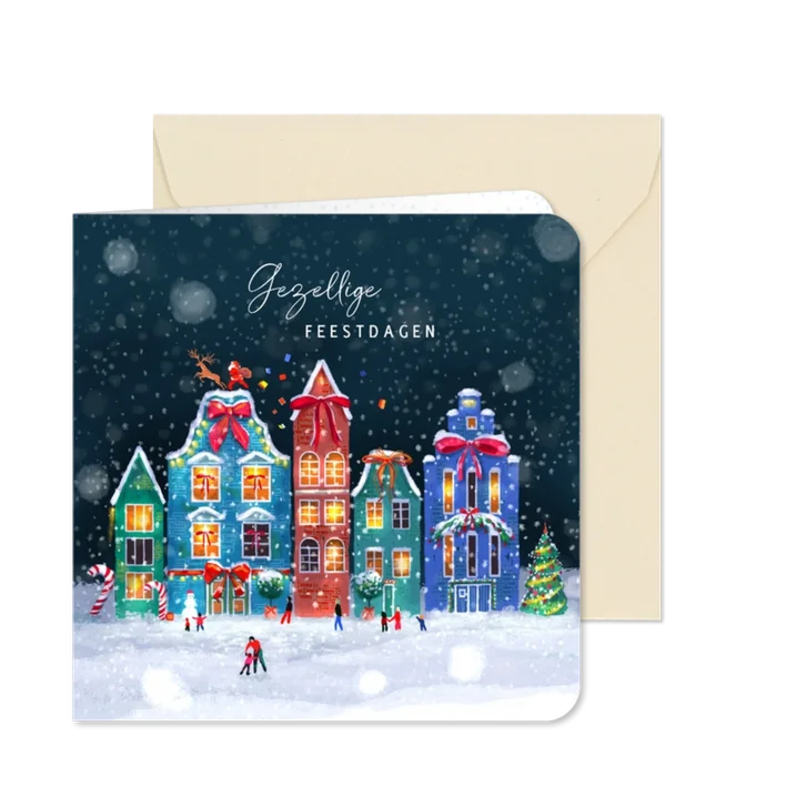 Kerstkaart met gezellig kerstdorpje