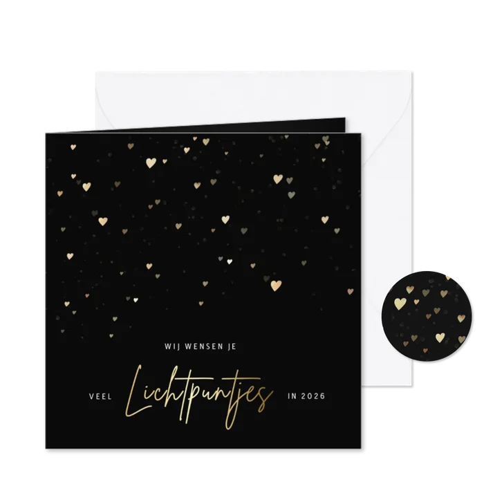 Kerstkaart met gouden hartjes veel lichtpuntjes voor 2026