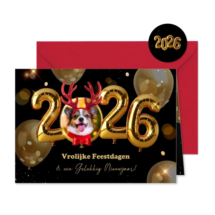 Kerstkaart met gouden heliumballonnen, eigen foto en props