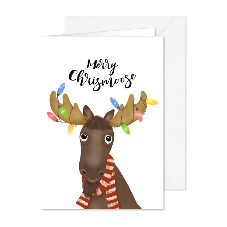 kerstkaart met grappige eland met lichtjes in zijn gewei