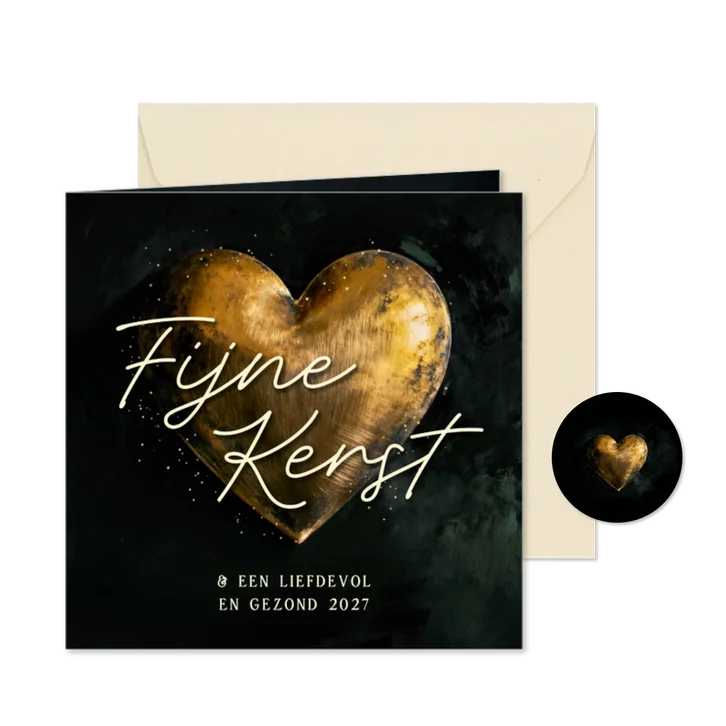 Kerstkaart met groot gouden hart groen fijne kerst