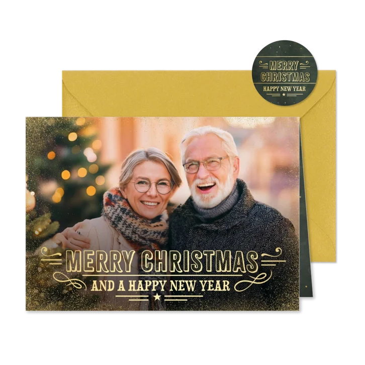 Kerstkaart met grote eigen foto en nostalgische typografie