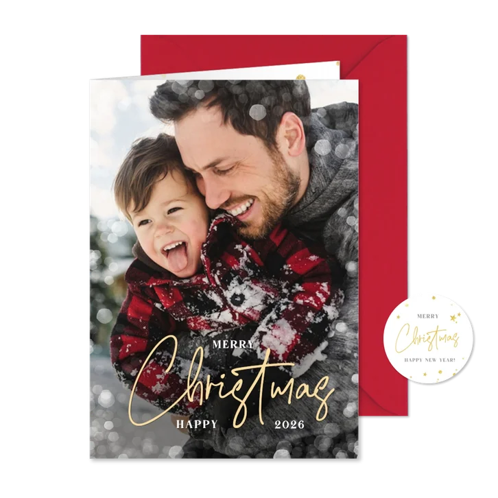 Kerstkaart met grote eigen foto en sneeuwkader en Christmas