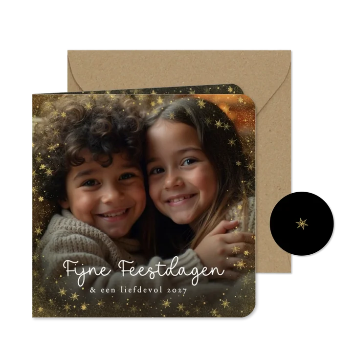 Kerstkaart met grote foto gouden kader en fijne feestdagen
