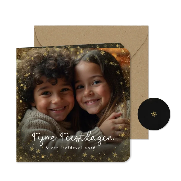 Kerstkaart met grote foto gouden kader en fijne feestdagen