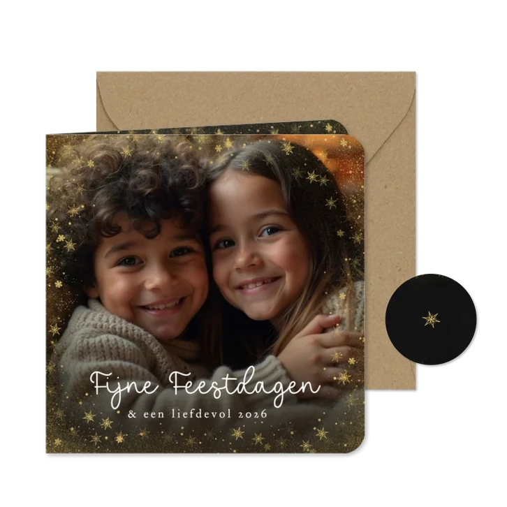 Kerstkaart met grote foto gouden kader en fijne feestdagen