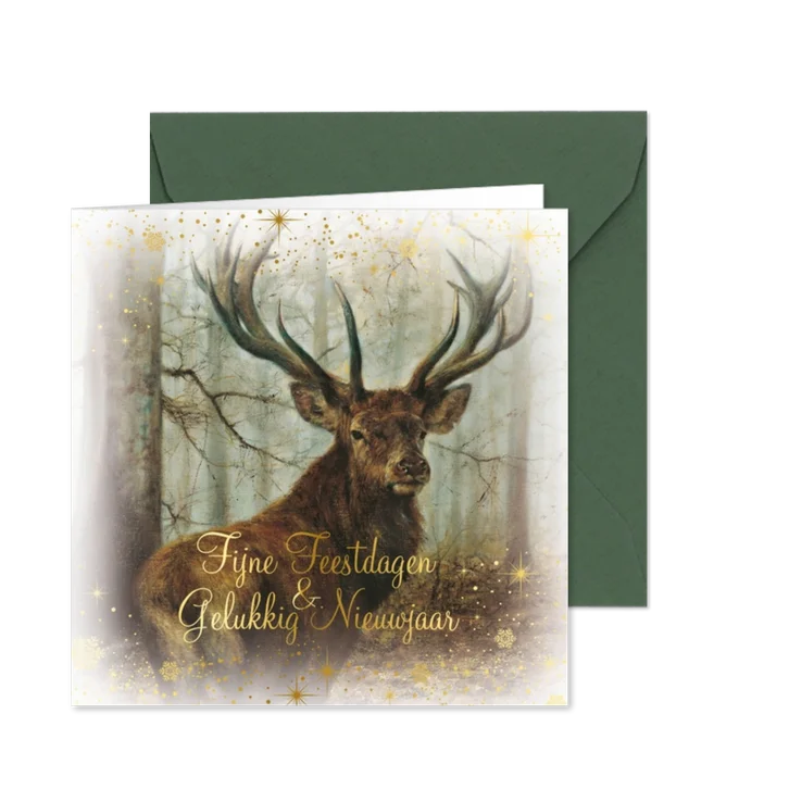 Kerstkaart met hert in het bos