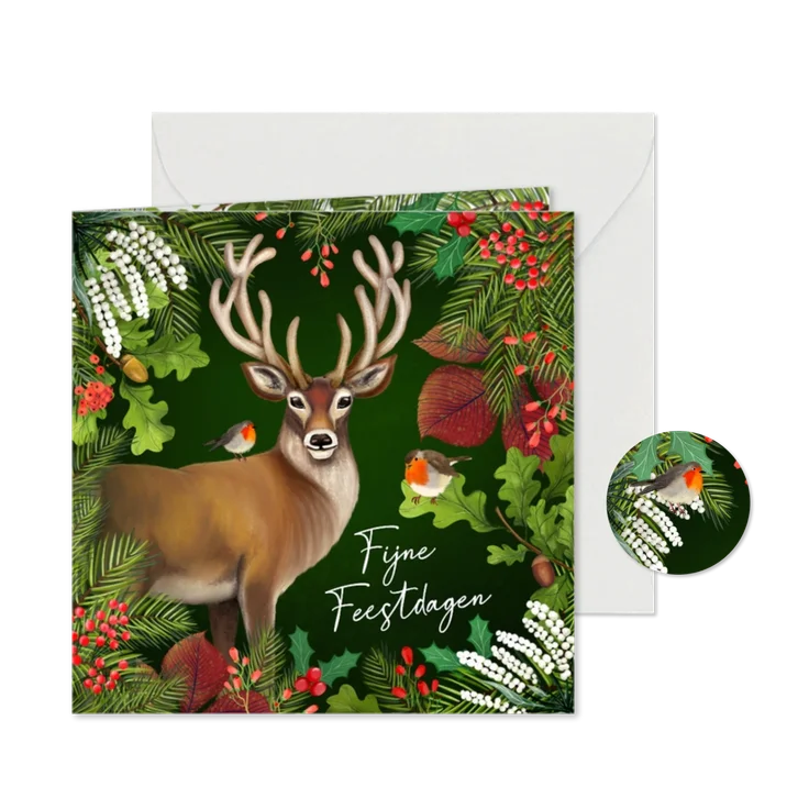 Kerstkaart met hert, roodborstjes en takjes