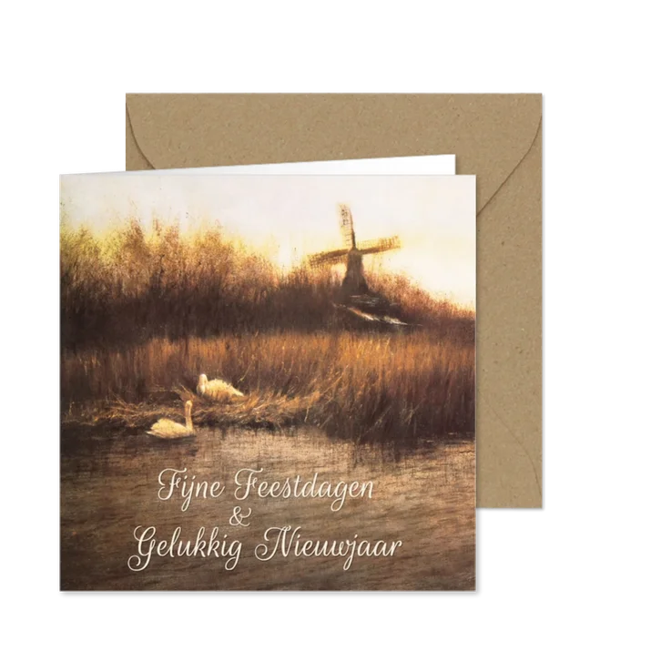 Kerstkaart met Hollands landschap en zwanen