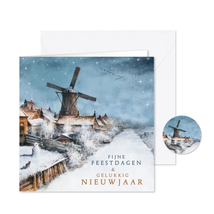 Kerstkaart met Hollands winterlandschap en molen in sneeuw
