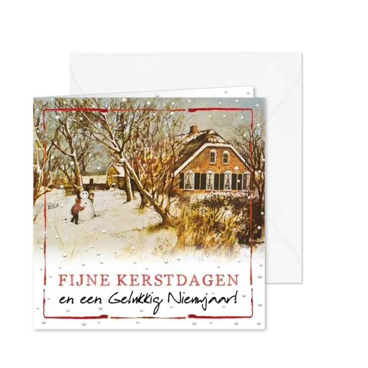 Kerstkaart met Hollandse boerderij en spelende kinderen