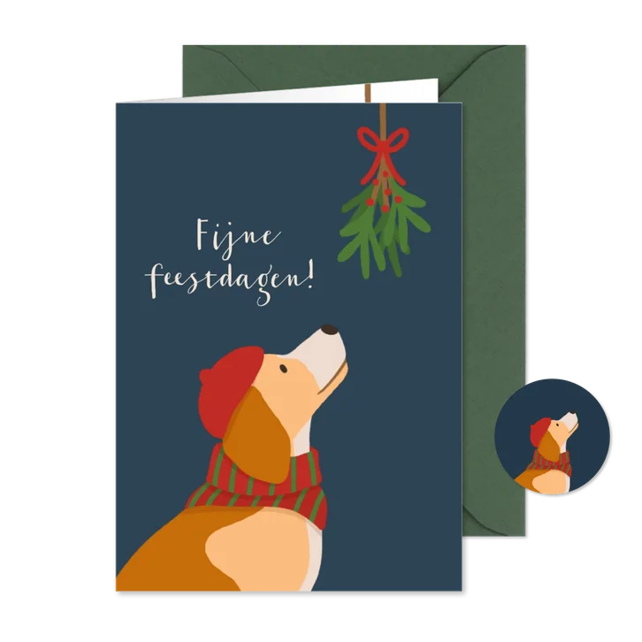Kerstkaart met hond en maretak