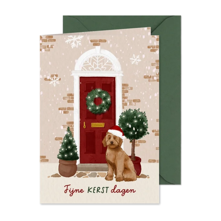 Kerstkaart met hondje en kerstkrans