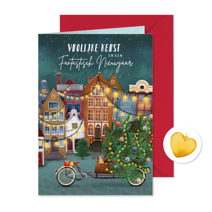Kerstkaart met huisjes en een bakfiets