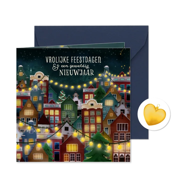 Kerstkaart met huisjes en lichtjes