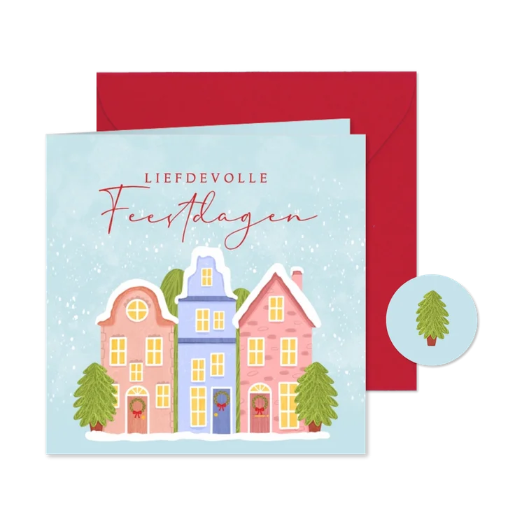 Kerstkaart met huisjes in de sneeuw en kerstbomen