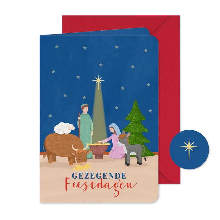  Kerstkaart met illustratie Jozef Maria en Jezus dieren ster