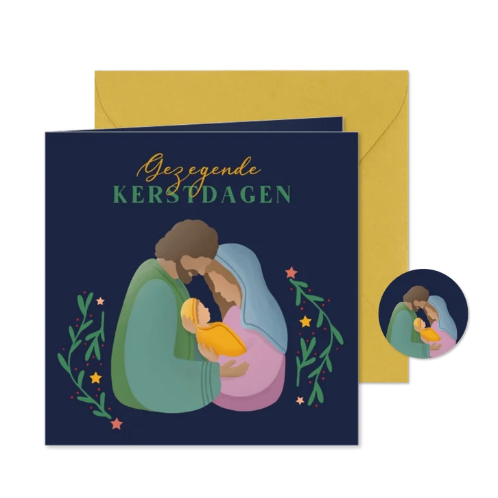 Kerstkaart met illustratie Jozef Maria en Jezus sterren