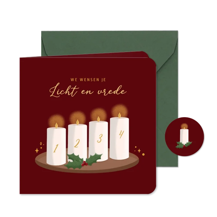 Kerstkaart met illustratie vier advent kaarsen en hulst