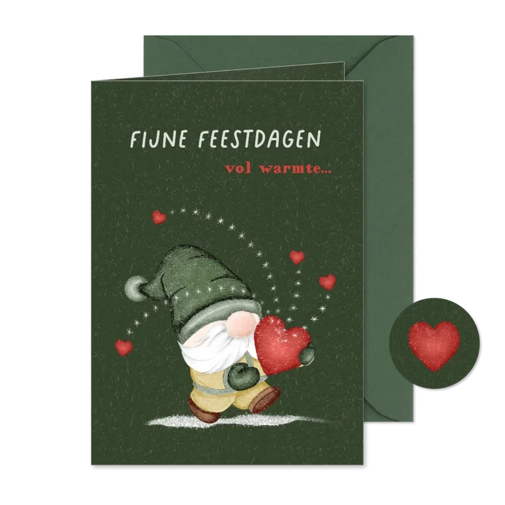 Kerstkaart met kabouter die hartjes uitdeelt