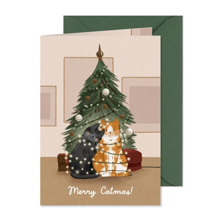 Kerstkaart met katten en kerstboom