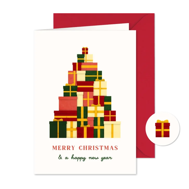 Kerstkaart met kerstboom van gekleurde cadeaus bonprix