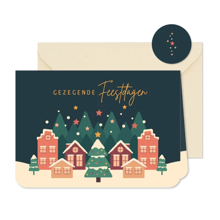 Kerstkaart met kerstdorp en versierde kerstboom