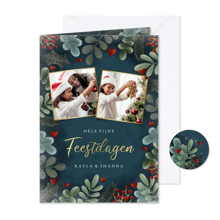 Kerstkaart met kerstkader, sneeuw, foto's fijne feestdagen