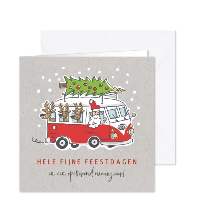 Kerstkaart met kerstman en 3 rendieren in vw busje