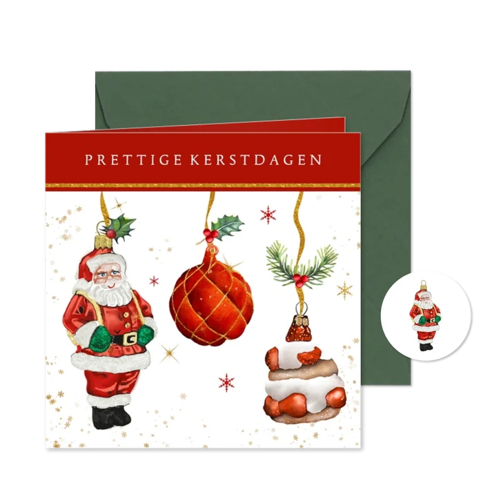 Kerstkaart met kerstman en kerstballen