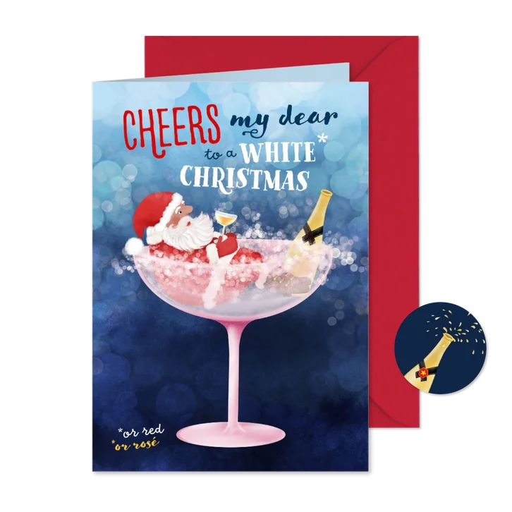 Kerstkaart met kerstman in een glas