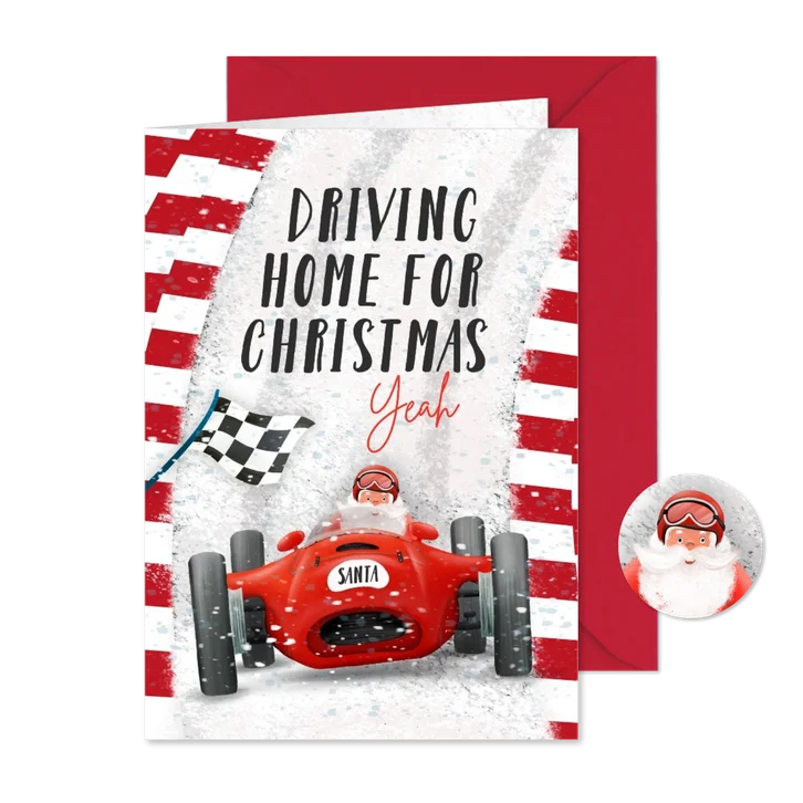Kerstkaart met kerstman in een klassieke raceauto