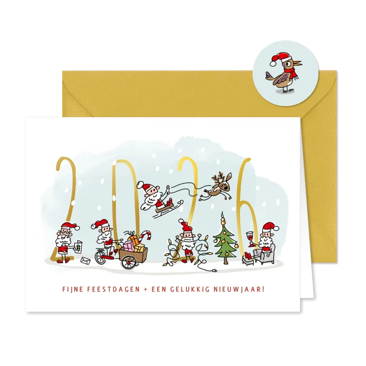 Kerstkaart met kerstmannetjes en 2026