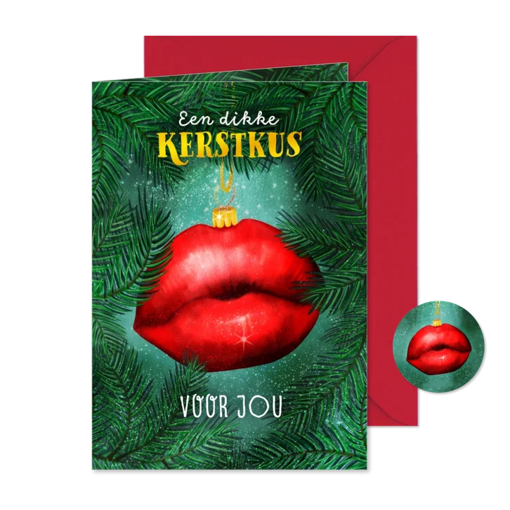 Kerstkaart met knalrode, zoenende lippen