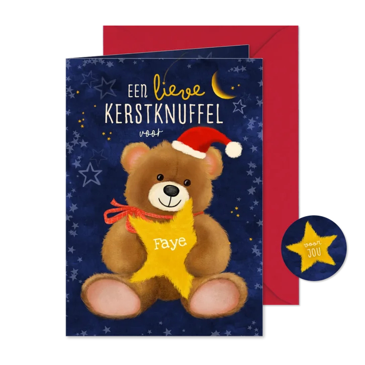 Kerstkaart met knuffelbeer en knuffelster