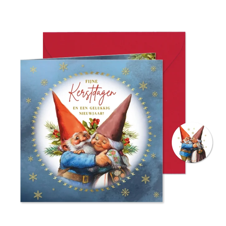 Kerstkaart met knuffelende kabouters in cirkel