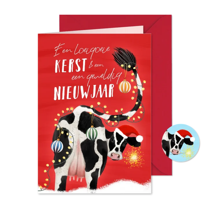 Kerstkaart met koe en veel lichtjes