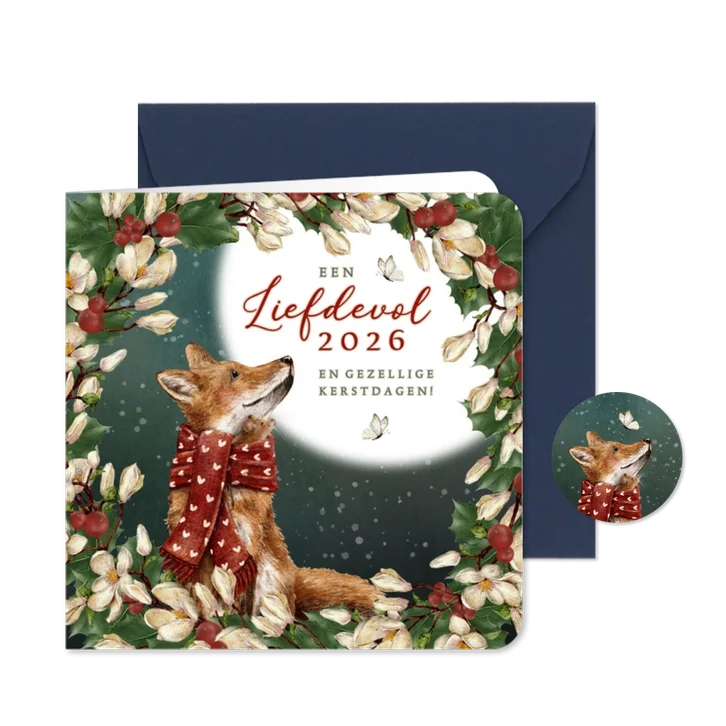 Kerstkaart met krans en vos met muisje in sjaal