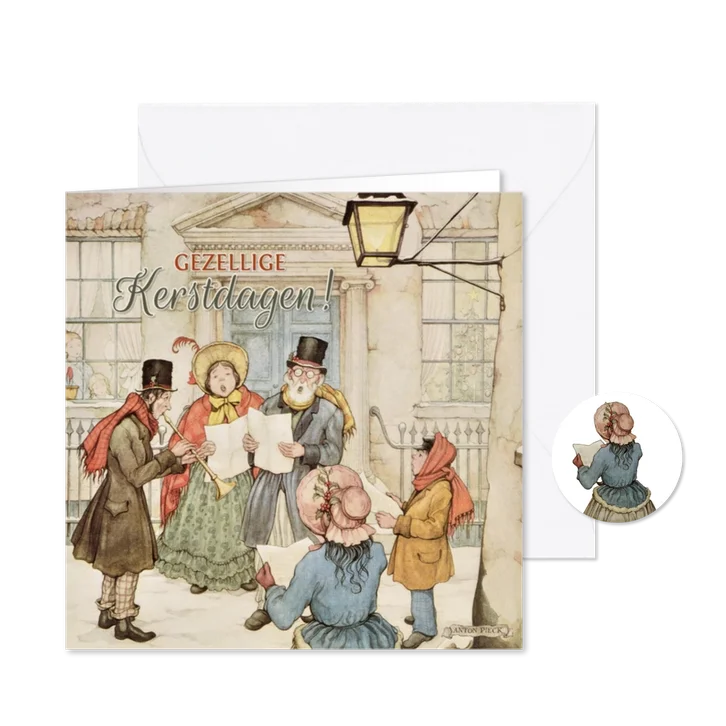 Kerstkaart met mensen die kerstliedjes zingen.